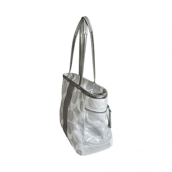 Coach Signature Stripe Tote Risotto Gray Jacquard Fabric & Silver Patent - Picture 3 of 10